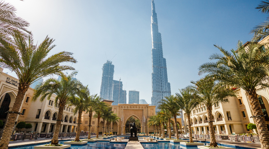 Downtown Dubai, day view on Burj Khalifa from Souk Al Bahar